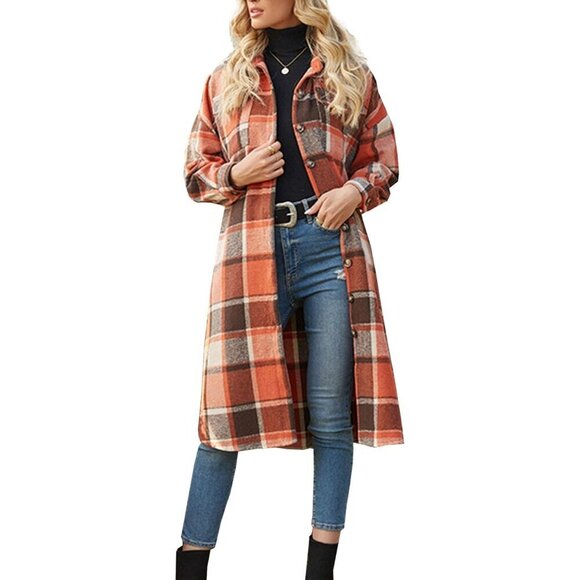 Jackets & Blazers - Women's Wool Blend Plaid Shirt Jacket Long Sleeve Casual Buttons Pockets